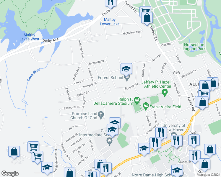 map of restaurants, bars, coffee shops, grocery stores, and more near 15 Robart Street in West Haven