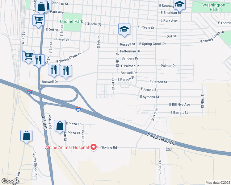 map of restaurants, bars, coffee shops, grocery stores, and more near 1127 East Symons Street in Laramie