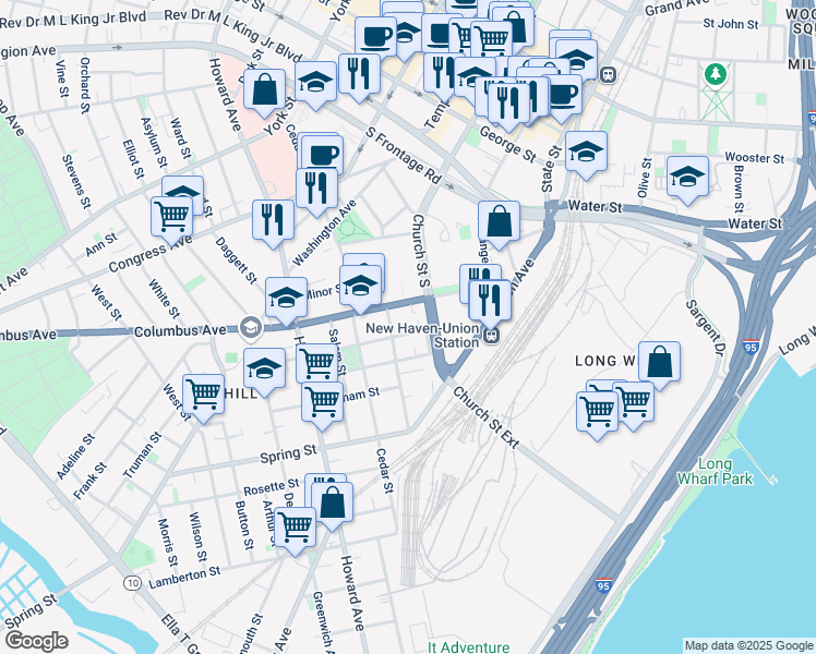 map of restaurants, bars, coffee shops, grocery stores, and more near 137 Portsea Street in New Haven
