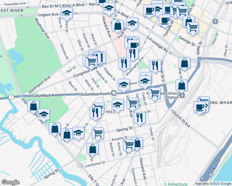 map of restaurants, bars, coffee shops, grocery stores, and more near 369 Washington Avenue in New Haven