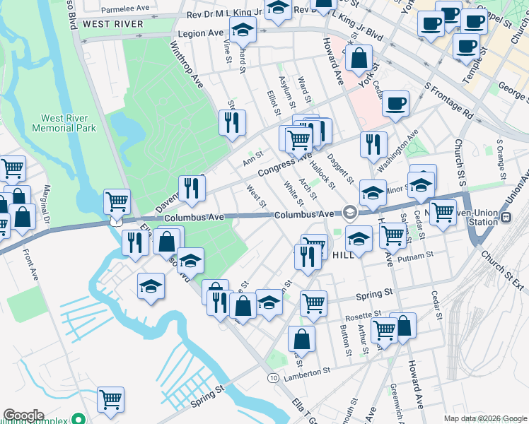 map of restaurants, bars, coffee shops, grocery stores, and more near 151 West Street in New Haven