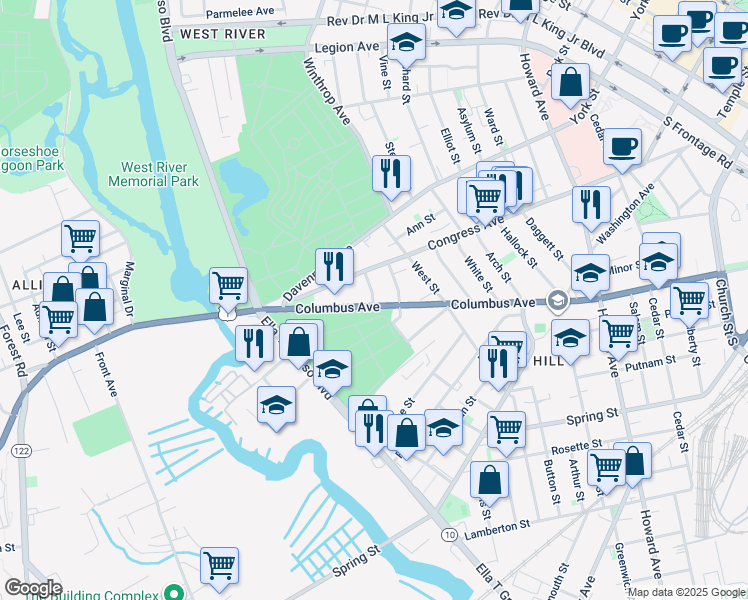 map of restaurants, bars, coffee shops, grocery stores, and more near 523 Columbus Avenue in New Haven