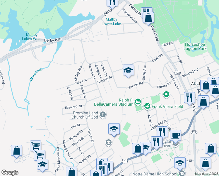 map of restaurants, bars, coffee shops, grocery stores, and more near 25 Enright Street in West Haven