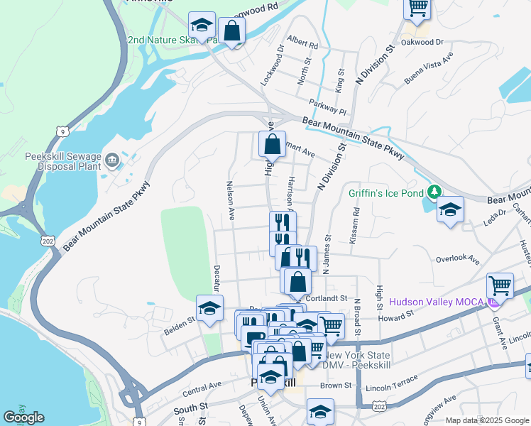 map of restaurants, bars, coffee shops, grocery stores, and more near 937 Liberty Street in Peekskill