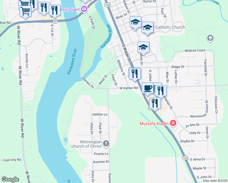 map of restaurants, bars, coffee shops, grocery stores, and more near 349 West Kahler Road in Wilmington