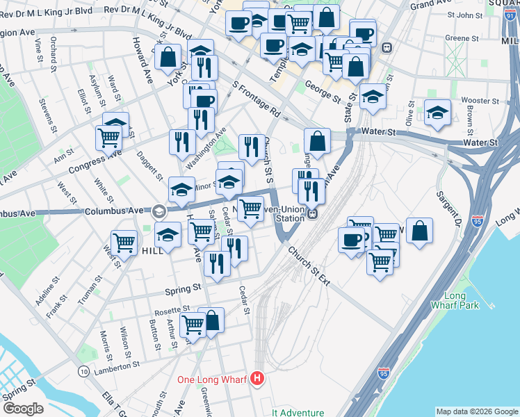 map of restaurants, bars, coffee shops, grocery stores, and more near 137 Portsea Street in New Haven