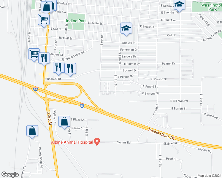 map of restaurants, bars, coffee shops, grocery stores, and more near 1825 South 10th Street in Laramie