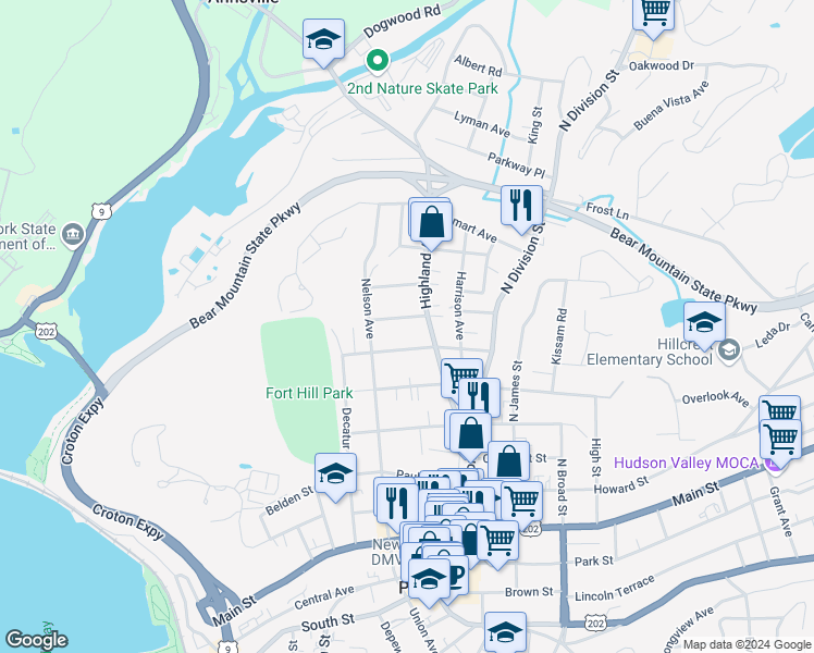 map of restaurants, bars, coffee shops, grocery stores, and more near 937 Liberty Street in Peekskill