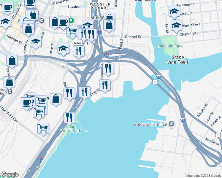 map of restaurants, bars, coffee shops, grocery stores, and more near 555 Long Wharf Drive in New Haven