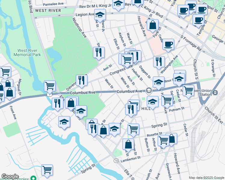 map of restaurants, bars, coffee shops, grocery stores, and more near 151 West Street in New Haven