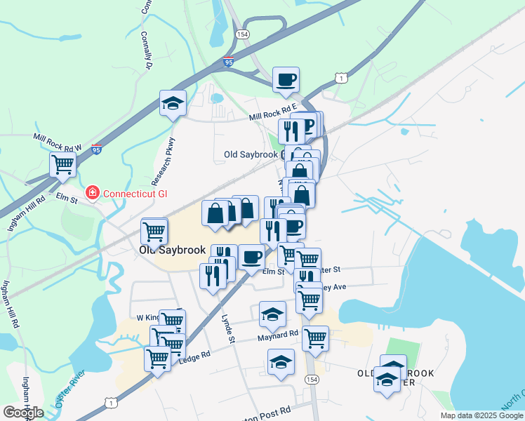 map of restaurants, bars, coffee shops, grocery stores, and more near 7 North Main Street in Old Saybrook