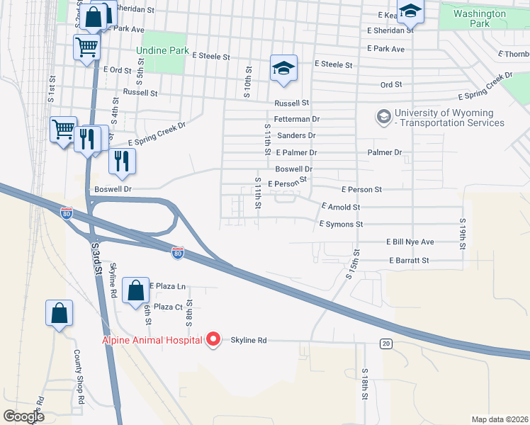 map of restaurants, bars, coffee shops, grocery stores, and more near 1837 South 11th Street in Laramie