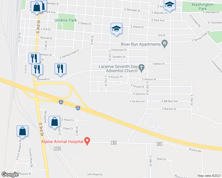 map of restaurants, bars, coffee shops, grocery stores, and more near 1127 East Symons Street in Laramie
