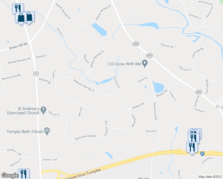 map of restaurants, bars, coffee shops, grocery stores, and more near 14 Madison Springs Drive in Madison