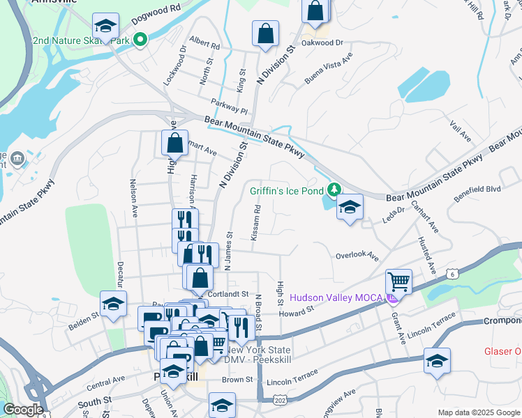 map of restaurants, bars, coffee shops, grocery stores, and more near 535 Kissam Road in Peekskill
