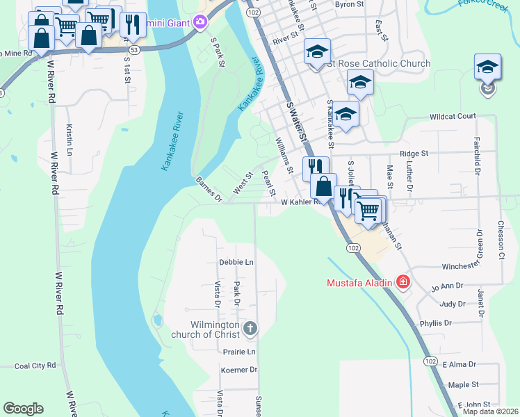 map of restaurants, bars, coffee shops, grocery stores, and more near 349 West Kahler Road in Wilmington