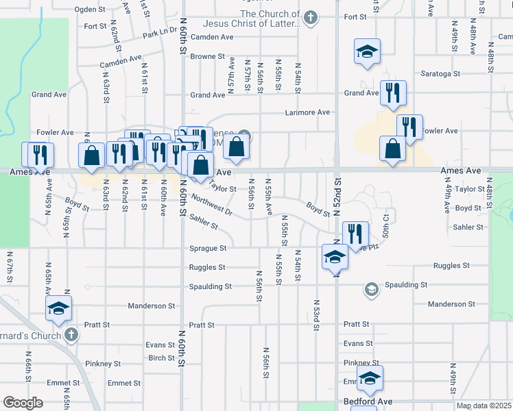 map of restaurants, bars, coffee shops, grocery stores, and more near 4317 North 56th Street in Omaha