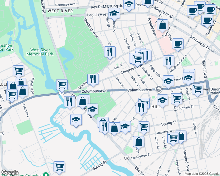 map of restaurants, bars, coffee shops, grocery stores, and more near 523 Columbus Avenue in New Haven