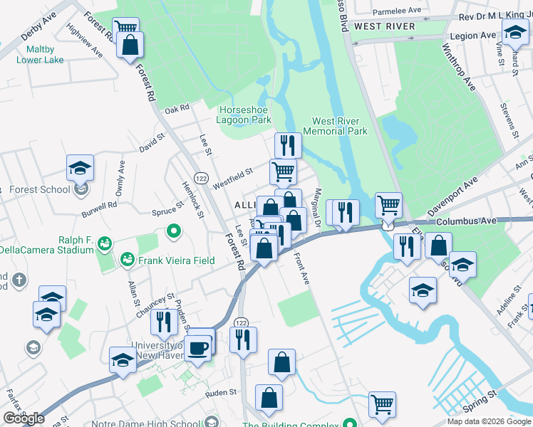 map of restaurants, bars, coffee shops, grocery stores, and more near 22 Bristol Street in West Haven