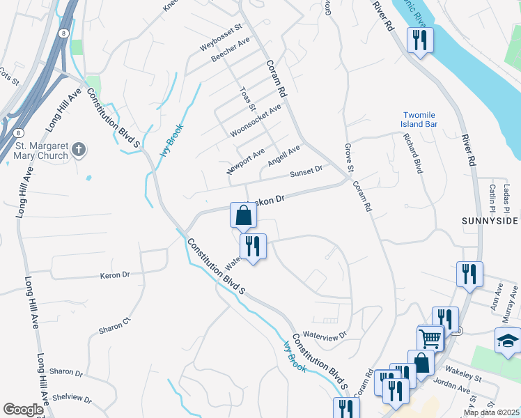 map of restaurants, bars, coffee shops, grocery stores, and more near 46 Plaskon Drive in Shelton