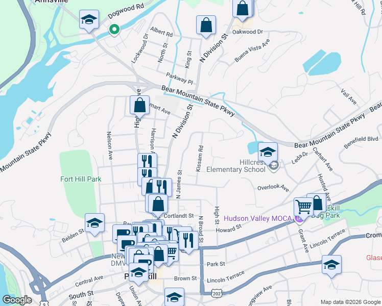 map of restaurants, bars, coffee shops, grocery stores, and more near 600 Kissam Road in Peekskill
