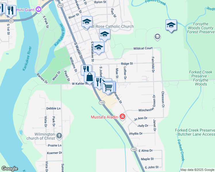 map of restaurants, bars, coffee shops, grocery stores, and more near 201 East Kahler Road in Wilmington