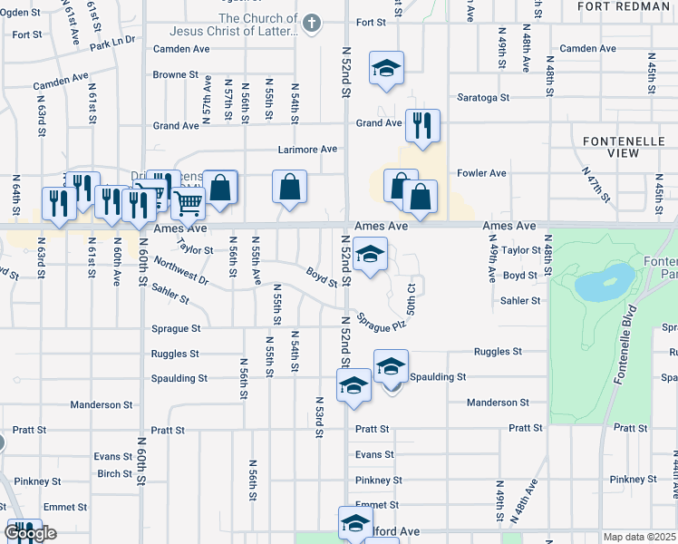 map of restaurants, bars, coffee shops, grocery stores, and more near 4310 North 52nd Street in Omaha
