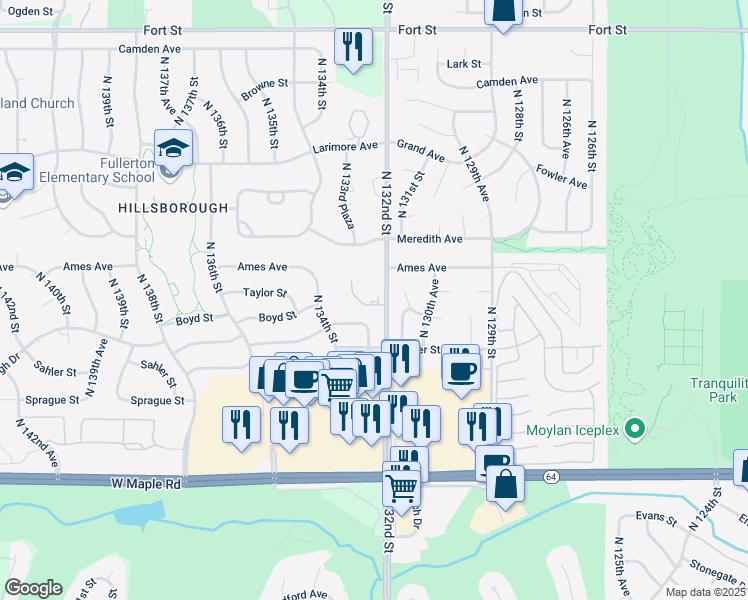 map of restaurants, bars, coffee shops, grocery stores, and more near 4324 North 132nd Street in Omaha