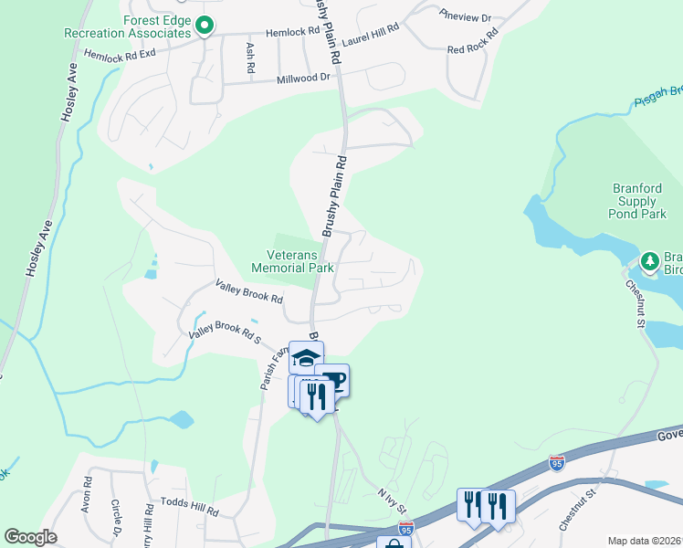 map of restaurants, bars, coffee shops, grocery stores, and more near 54 Bay Path Way in Branford