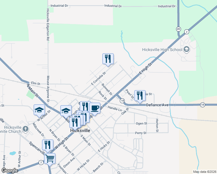 map of restaurants, bars, coffee shops, grocery stores, and more near 504 East Smith Street in Hicksville