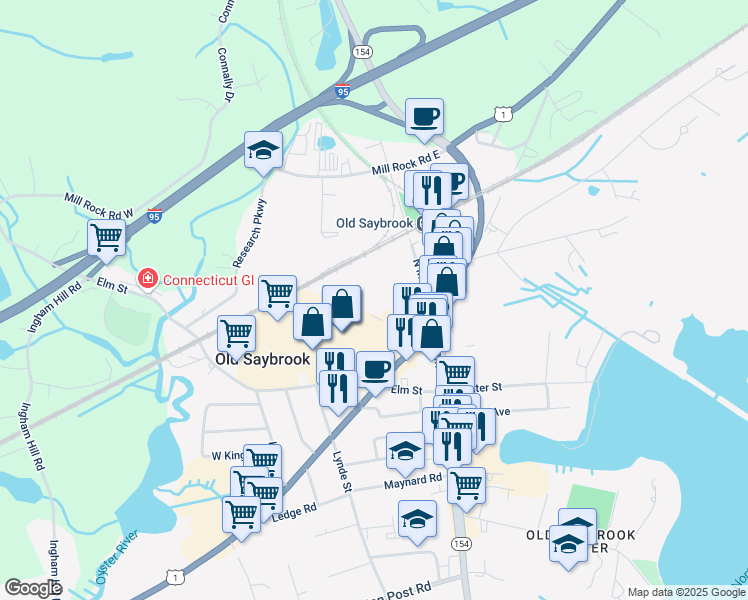 map of restaurants, bars, coffee shops, grocery stores, and more near 7 North Main Street in Old Saybrook