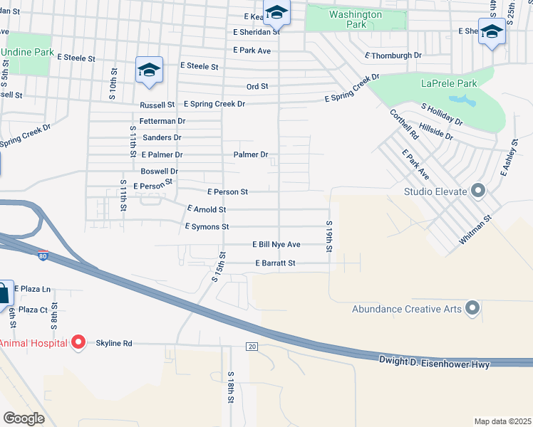 map of restaurants, bars, coffee shops, grocery stores, and more near 1614 East Arnold Street in Laramie