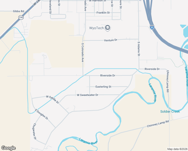 map of restaurants, bars, coffee shops, grocery stores, and more near 2095 Riverside Drive in Laramie