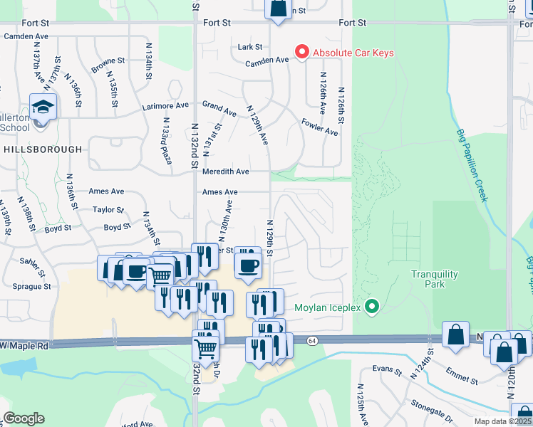 map of restaurants, bars, coffee shops, grocery stores, and more near 12905 Taylor Circle in Omaha