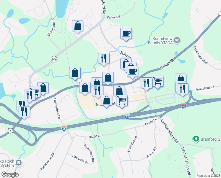 map of restaurants, bars, coffee shops, grocery stores, and more near 525 East Main Street in Branford