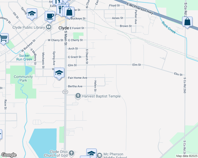 map of restaurants, bars, coffee shops, grocery stores, and more near 314 Fair Home Avenue in Clyde