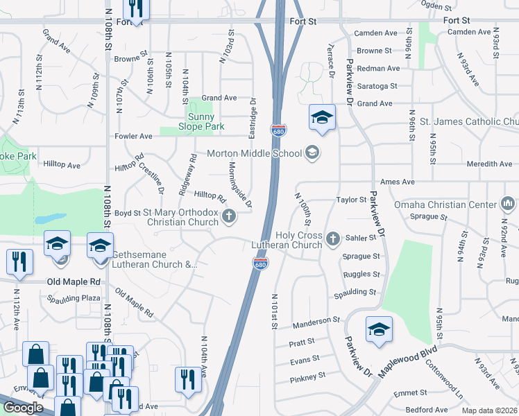 map of restaurants, bars, coffee shops, grocery stores, and more near 4301 Morningside Drive in Omaha