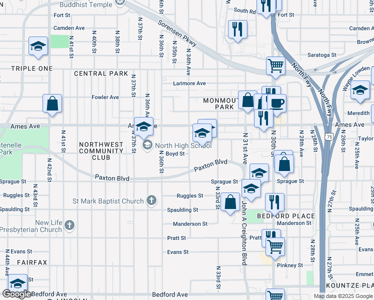 map of restaurants, bars, coffee shops, grocery stores, and more near 3404 Boyd St in Omaha