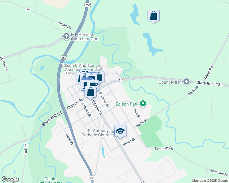 map of restaurants, bars, coffee shops, grocery stores, and more near 30 South Edison Drive in Milan