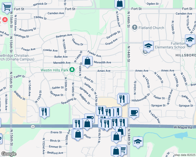 map of restaurants, bars, coffee shops, grocery stores, and more near 4315 North 147th Street in Omaha