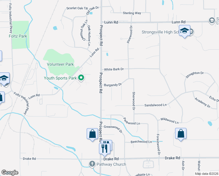 map of restaurants, bars, coffee shops, grocery stores, and more near 20845 Burgandy Drive in Strongsville