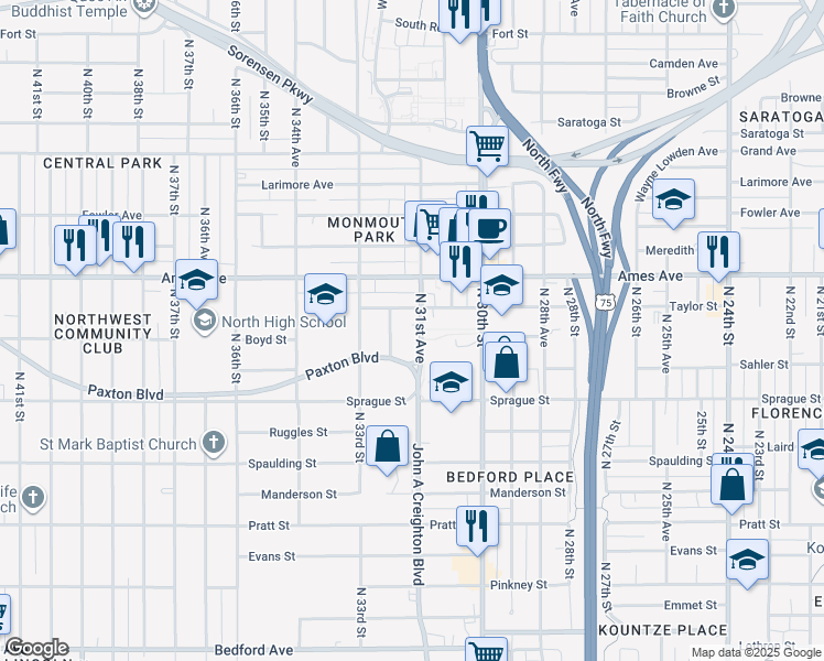 map of restaurants, bars, coffee shops, grocery stores, and more near 4320 North 31st Avenue in Omaha