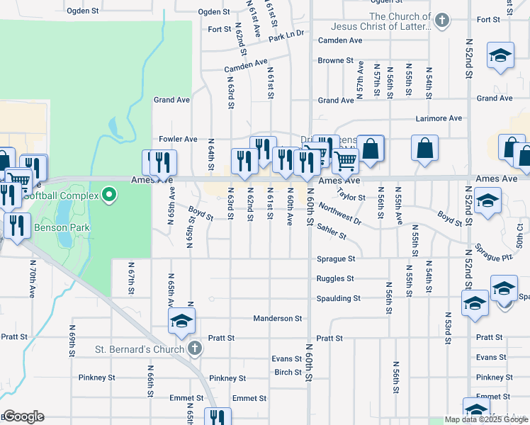 map of restaurants, bars, coffee shops, grocery stores, and more near 4160 North 61st Street in Omaha