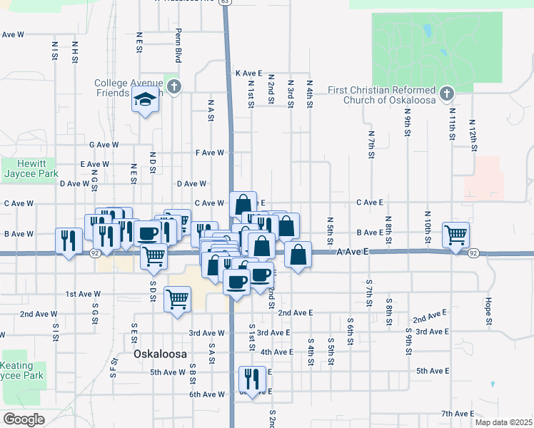 map of restaurants, bars, coffee shops, grocery stores, and more near 317 North 2nd Street in Oskaloosa