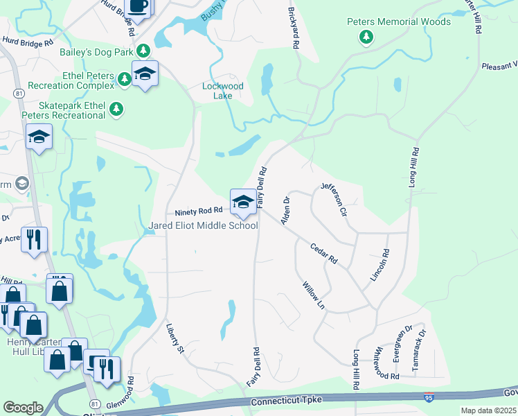 map of restaurants, bars, coffee shops, grocery stores, and more near 69 Fairy Dell Road in Clinton