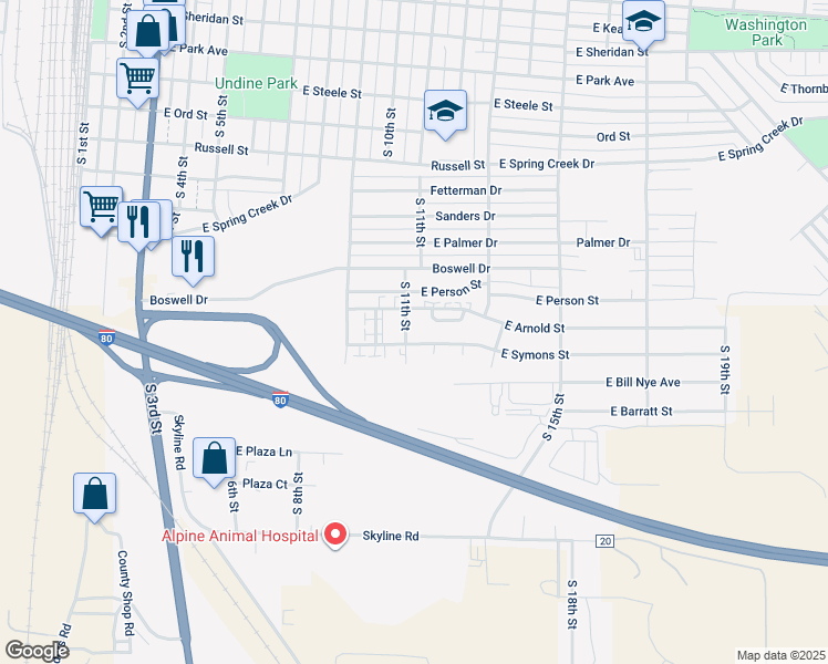 map of restaurants, bars, coffee shops, grocery stores, and more near 1127 East Symons Street in Laramie