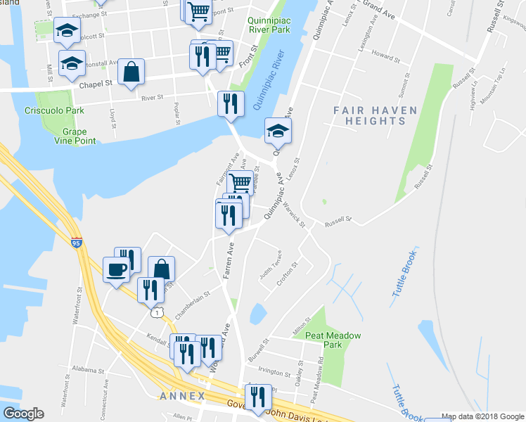 map of restaurants, bars, coffee shops, grocery stores, and more near 81 Lancraft Street in New Haven