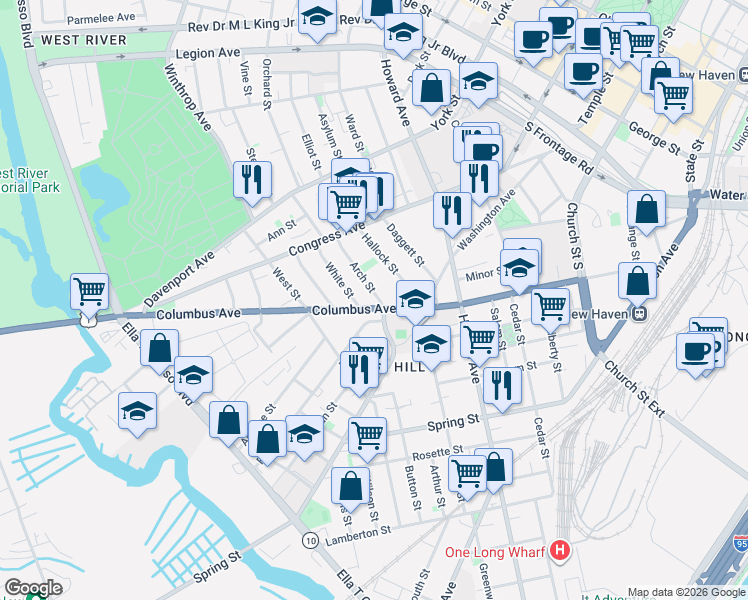 map of restaurants, bars, coffee shops, grocery stores, and more near 5 Arch Street in New Haven