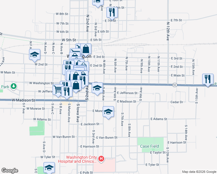 map of restaurants, bars, coffee shops, grocery stores, and more near 401-499 E Washington St in Washington