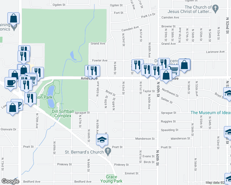 map of restaurants, bars, coffee shops, grocery stores, and more near 6406 Boyd Street in Omaha